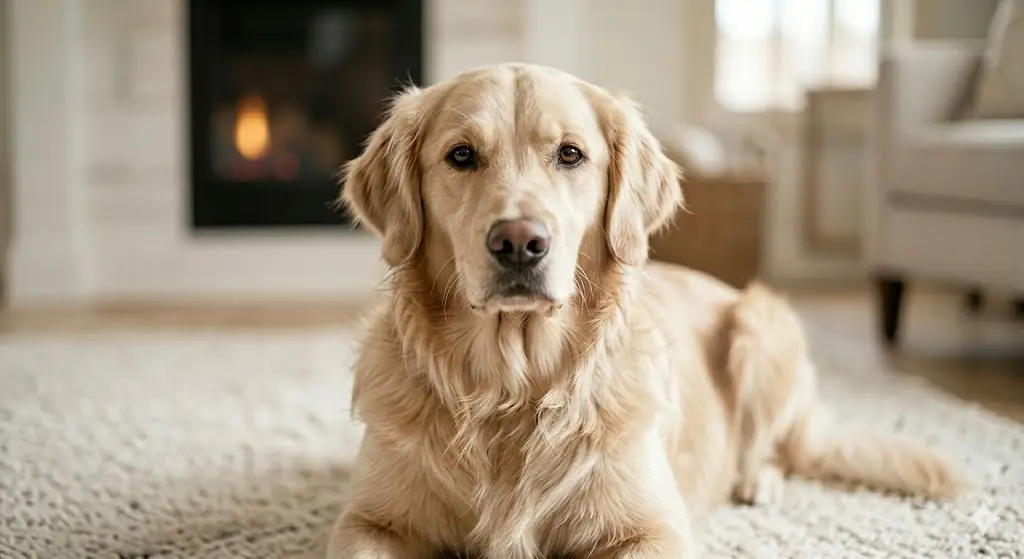 Golden Retriever hembra adulta de pelaje crema pálido y brillante, testimonio de dieta casera