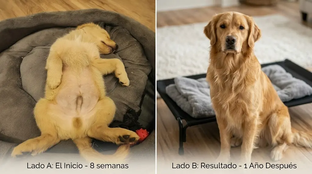 Evolución de crecimiento del Golden Retriever puro Kronos, de cachorro de 8 semanas a adulto fuerte