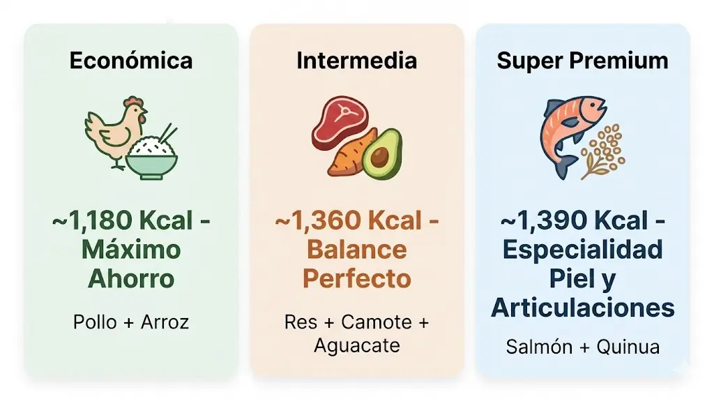 Tabla comparativa en español de recetas de 1 Kg para Golden Retriever: Económica, Intermedia y Super Premium